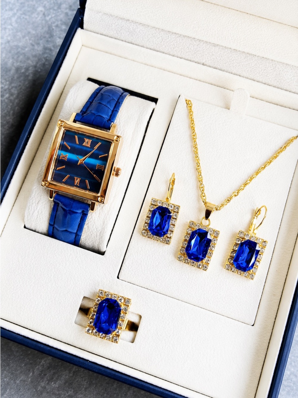 Women's Gold-Tone Blue Watch & Jewelry Set - Blue Strap